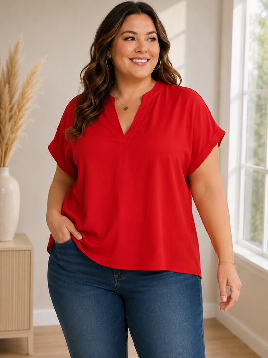 SHEIN Tops - Shein Curve 3XL Bright Red Textured V-Neck Blouse